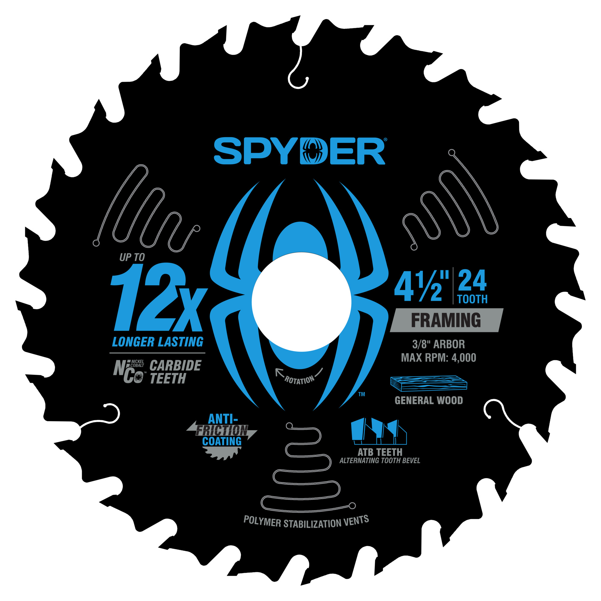 Spyder Framing Circular Saw Blade — 4-1/2in., 24T, NiCo Carbide Teeth, Anti-Friction Coating, Model# 13094